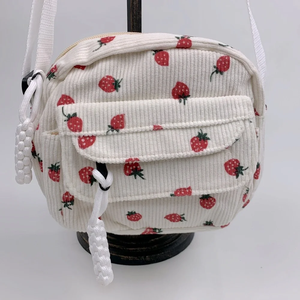 Strawberry Print Cream Corduroy Crossbody Bag Zip pockets Adjustable strap NWOT
